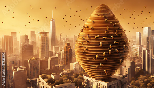 A massive honeycomb-structured bee hive sits amid an urban cityscape, buzzing with bees flying in all directions to and from the golden structure as they go about their work.