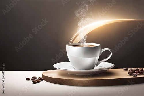 Still life di tazzina di caffè in promo piano. La bevanda scura e corroborante amata a fine pasto o spesso come momento di pausa dall’attività della giornata. 