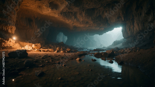 Underworld, mysterious cave, stalactites. Groundwater, river.