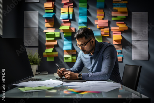 A young Indian man with glasses sitting at work in the office at his desk has a lot of work to do, in the background there are a lot of colorful information sheets on the board.generative ai