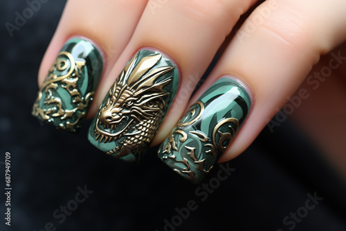 Manicure with an image of an emerald green dragon. Close-up of nails art