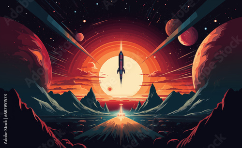 Retro poster featuring a space rocket flying through a mesmerizing black hole. Capture the vintage aesthetic with a cosmic backdrop, galactic nebula, and detailed rocketship.