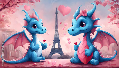 Cute dragons celebrating Valentine's day in Paris near Eifel tower cartoon