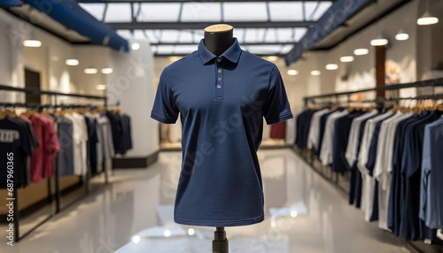 dark blue polo shirt worn on a mannequin in a minimalist style with a clothing store background generative ai