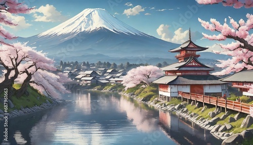 a beautiful japanese village town in the morning buddhist temple shinto at sea river cherry blossom sakura growing anime comics artstyle mount fuji in background 16 9 4k resolution generative ai