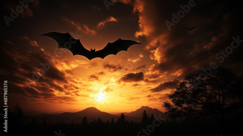 Bat in night sky, full Moon, Halloween theme
