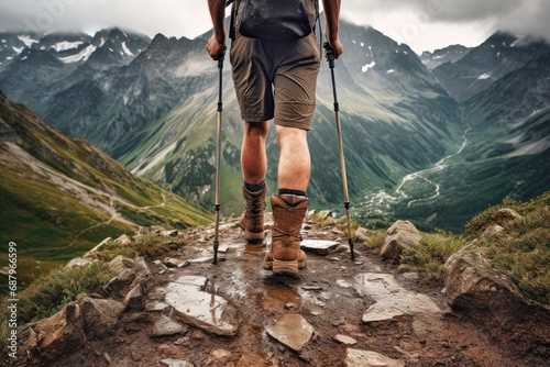 male hiker conquering a rocky trail, showcasing a retro aesthetic and the thrill of a successful climb in the mountainous landscape.