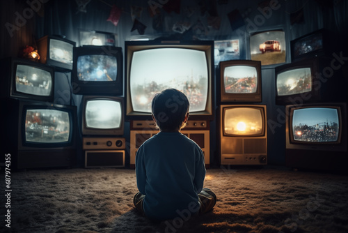 a child is sitting on the floor in a room in front of a lot of television screens hanging over him, a view from the back
