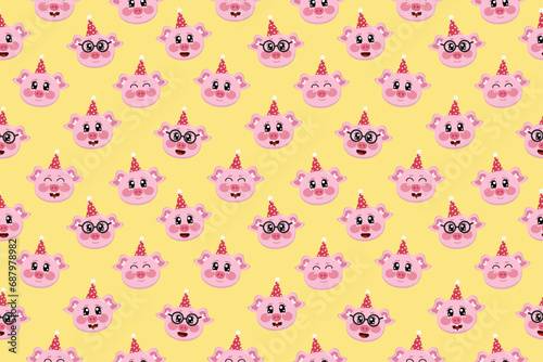 Seamless pattern with kawaii pigs with happy birthday cap. Cartoon cute yellow wallpaper with pigs