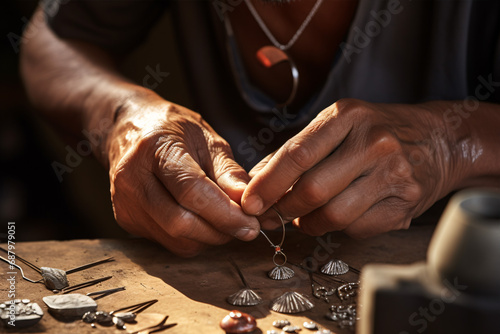 A close view of two hands skilfully creating a handmade adornment utilizing classic artisanal methods.