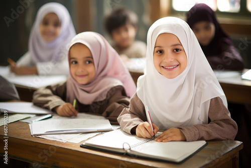 Group of children sitting at the school desk in the classroom. Smiling girls in hijab during the class.