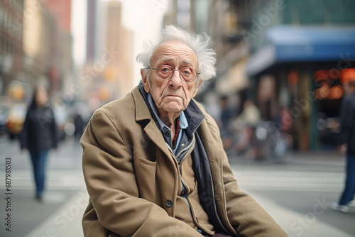 portrait of an elderly man, a pensioner against the background of the city