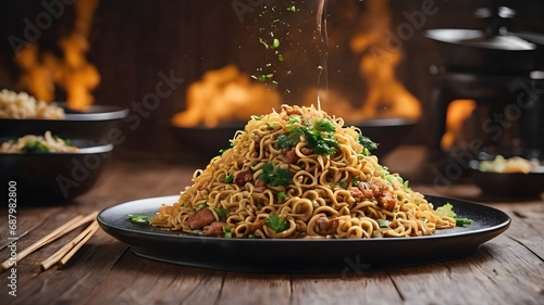 A Plate Of Hot Fried Noodles Full Of Fried Meat