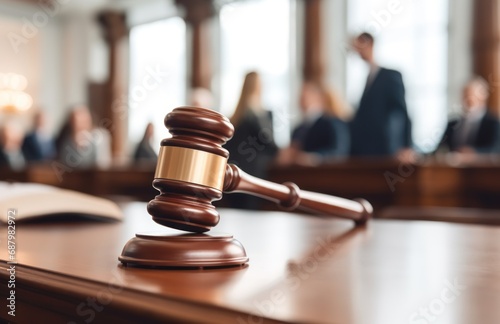 Judge gavel on top of a table in courtroom. Court of Justice and law trial, courtroom attastor talking to magistrate, supreme Federal Court Judge Starts Civil Case Hearing. 