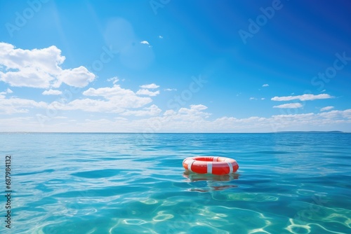 Lifebuoy on the sea against the background of the bright blue sky over the ocean