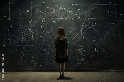 a girl in front of a large blackboard
