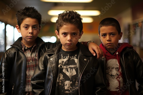 three boys standing together with serious look in library, rebel kids gangster look, vintage naughty childhood old memories, Generative Ai