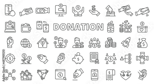 Donation icon set line design. Money, Charity, Charitable, Fundraising, Philanthropy, Volunteer, Giving, Support vector illustrations. Donation editable stroke icons
