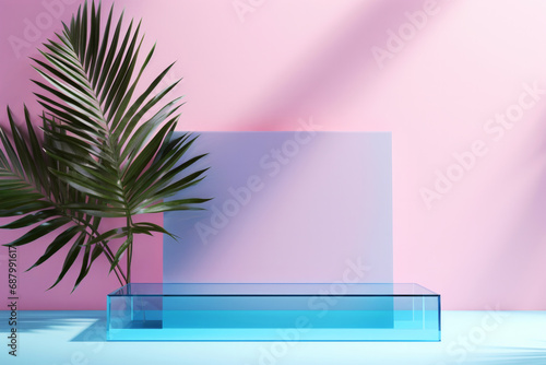 Transparent acrylic rectangular stage with tropical palm leaf on minimal pink background. Product advertisement concept
