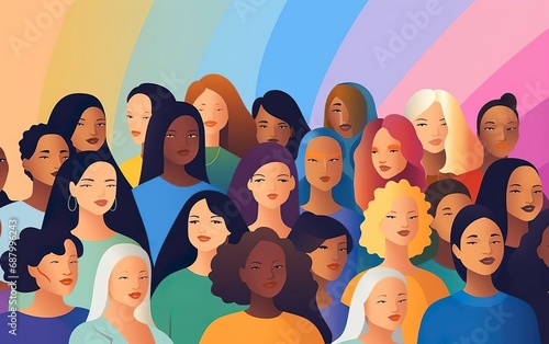 International women day graphic poster, crowd of different confident women, diversity concept. Different race faces, front view, collective picture, community concept, rainbow colors. AI Generative