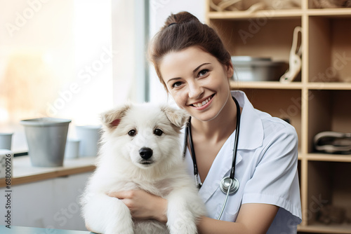 Portrait of vet with dog at vet station