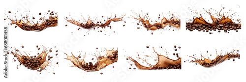 Collection of PNG. Coffee splash with coffee beans isolated on a transparent background.