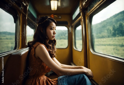 電車に座って窓の外を眺める髪の女性｜レトロな写真