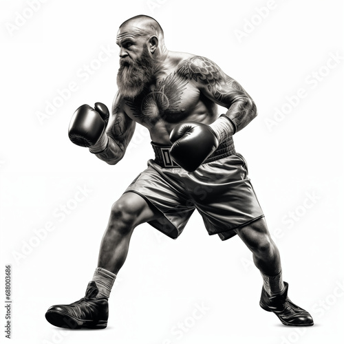 Full length portrait of young boxer making punch isolated on white