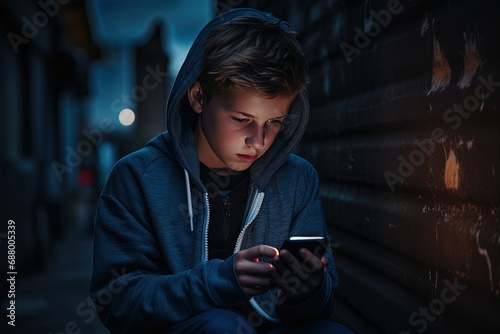 a lost boy using smartphone for guide way, suspicious man in dark alley, Generative Ai