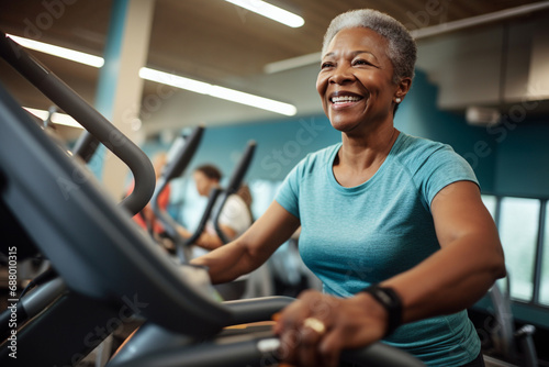 Elderly African American woman engaged in sports, gym fitness for seniors, healthy aging, active lifestyle