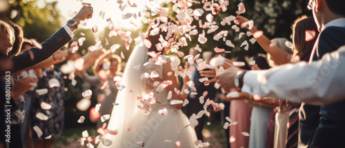 Joyous wedding scene with bride and groom, confetti rain.