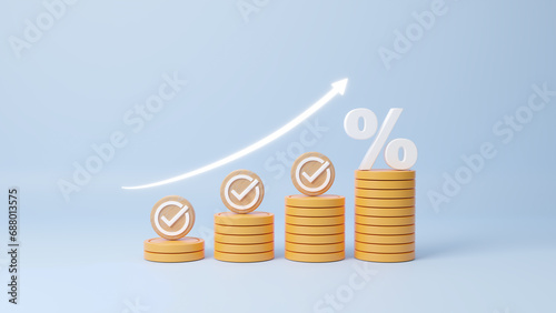 Interest rate and dividend concept. Increasing up arrow for financial interest rate and mortgage rate. Saving money for long term investment. Dividend tax. Investment for retirement. 3d rendering