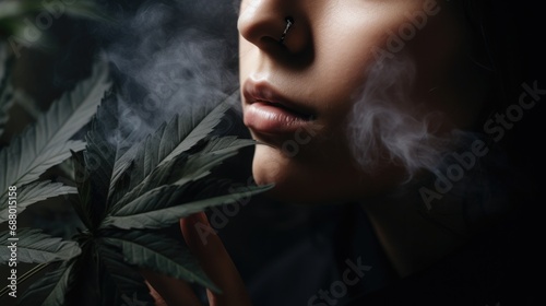 Marijuana Awareness Month concept. A girl surrounded by smoke against a background of cannabis leaves