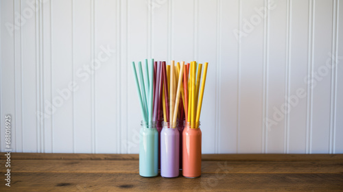 Straws for drinks in multi-colored glass flasks.