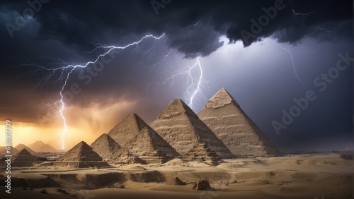 lightning over the pyramid in the night in the desert background photo