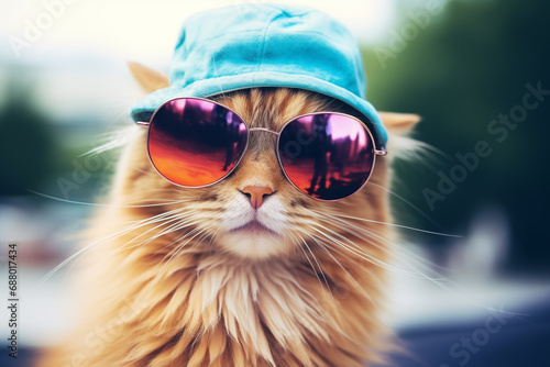 cat looking cool in sunglasses and a blue hat