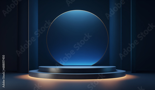 Dark blue stage podium background product platform of empty scene presentation, pedestal minimal showcase stand or abstract light show blank display and neon spotlight showroom on luxury backdrop