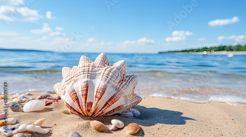 Beautiful seashell on the sandy beach by the sea on a sunny day. Generative AI technology.