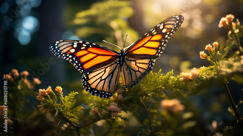 Βutterfly on flower closeup, Springtime, Spring nature, wild flowers field. Generative AI,A close-up view of a Monarch butterfly's proboscis, delicately extended to sip nectar from a wildflower, revea