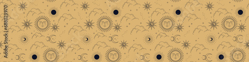 Vector magic seamless pattern with constellations, sun, moon, magic eyes, clouds and stars. Mystical esoteric background for design of fabric, packaging, phone case and your design. Vector EPS 10