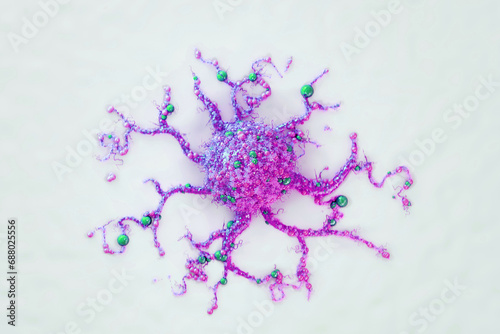 Cancer cell, tumor with metastasis isolated on white background. Concept of health care, medicine, biology, microbiology, science. 3D render, 3D illustration, copy space.