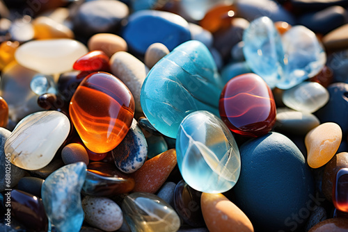 Natural polish textured sea glass and stones on the seashore