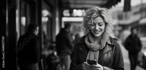 Happy Woman Using Mobile Phone App on City Street