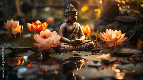 Statua del Buddha in un rigoglioso giardino in mezzo all'acqua e ai fiori di ninfea nella foresta