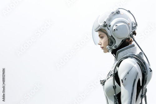 Futuristic science fiction female space explorer wear armor vest, latex suit