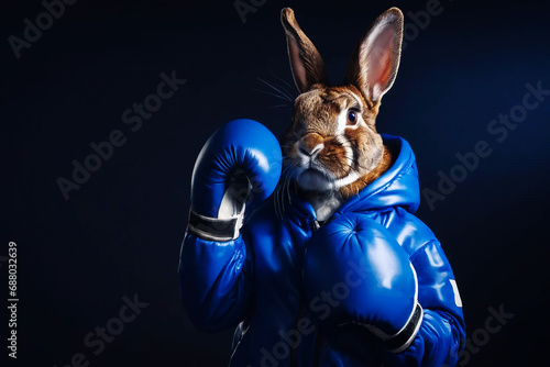 Anthropomorphic rabbit character with blue boxing gloves, generative ai illustration