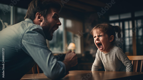 Dad has a fight with his child daughter. Domestic violence, misunderstanding, child crisis, quarrel with child. A grown man fighting with his daughter.
