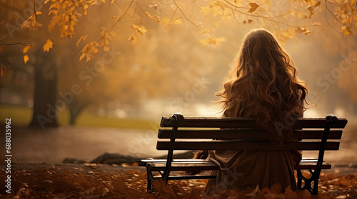 back view of lonely woman with long hair and wearing a coat sitting alone on a park bench in autumn created with Generative AI Technology