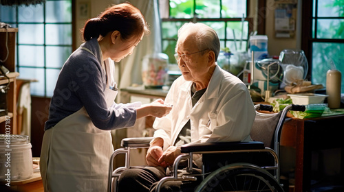 Asian senior man receiving medical help from a visiting nurse in the comfort of his own home