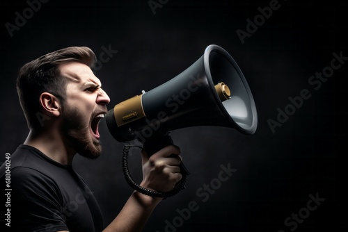 Young man on black background shouting through a megaphone to announce something in lateral position